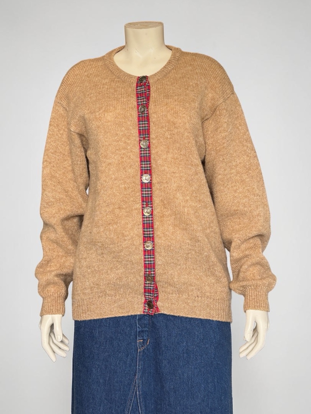 Vintage James Pringle Scotland Wool Cardigan Tartan Trim Sz M Made in Scotland